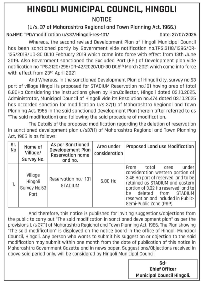 Notice for Proposed Modification to the Sanctioned Development Plan of Hingoli City