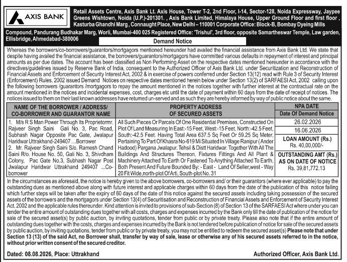 Notice for Recovery of Outstanding Retail Loan Dues by Axis Bank