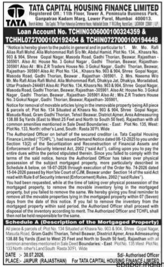 Notice for Removal of Movable Property by Tata Capital Housing Finance