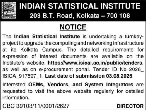 Notice: Infrastructure Upgrade Turnkey Project (ISI Kolkata)