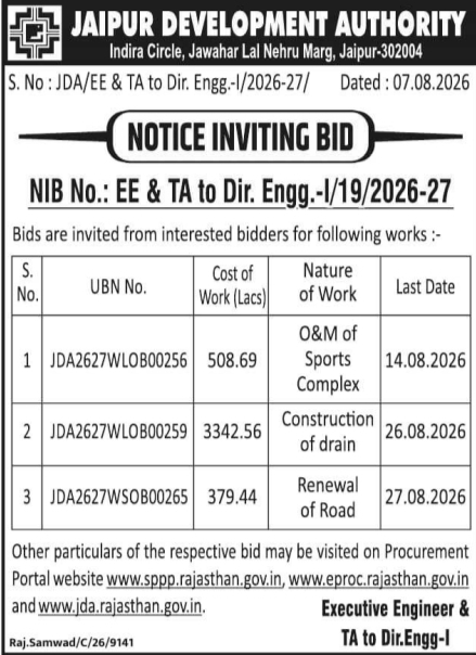 Notice Inviting Bid for Development Works by Jaipur Development Authority