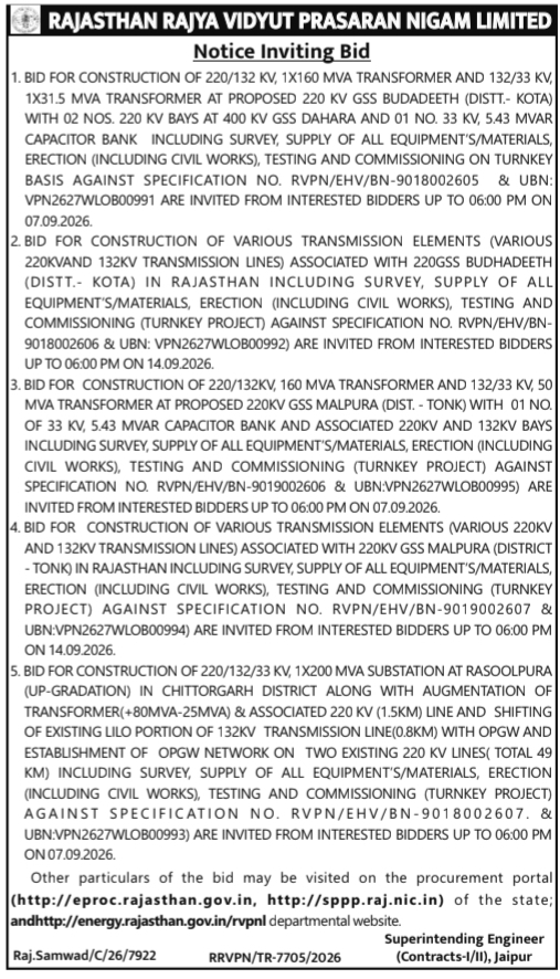 Notice Inviting Bid for Power Substation Works in Rajasthan
