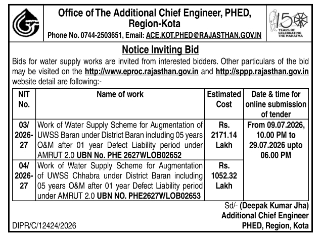 Notice Inviting Bid: PHED Kota Region Water Supply Schemes