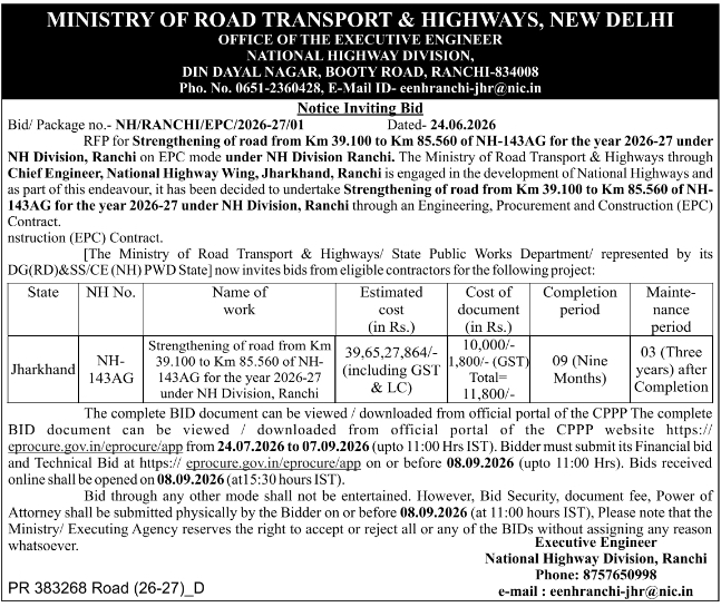 Notice Inviting Bid: Road Strengthening Project, MoRTH Ranchi