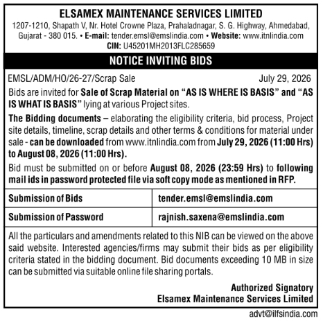Notice Inviting Bids for Scrap Sale by Elsamex Maintenance Services Limited