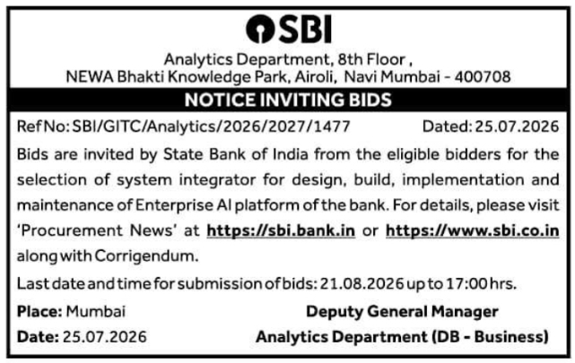 Notice Inviting Bids: Selection of System Integrator for Enterprise AI Platform
