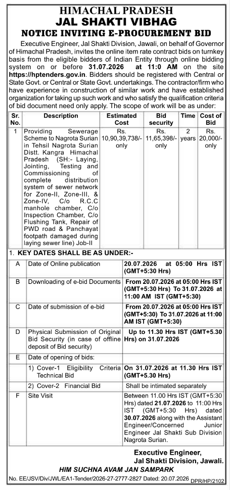 Notice Inviting e-Procurement Bid: Sewerage Scheme (HP-JSV Jawali)
