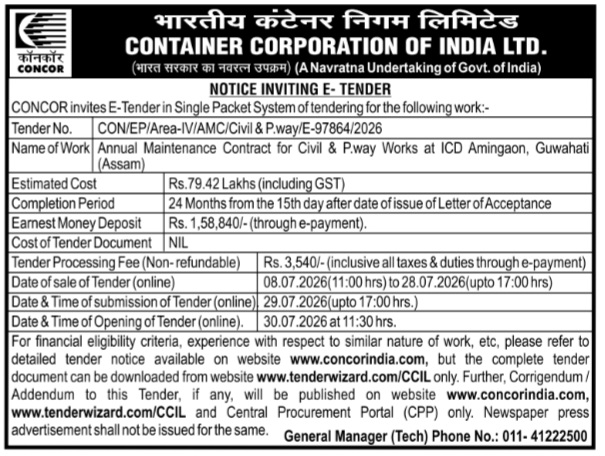 Notice Inviting E-Tender: Annual Civil & P.way Maintenance Works