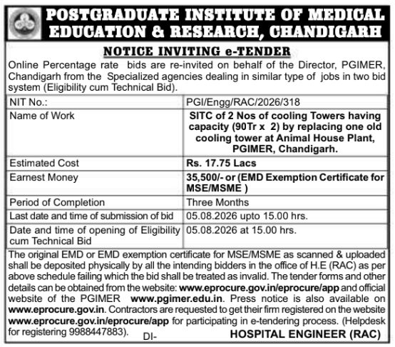 Notice Inviting e-Tender by Postgraduate Institute of Medical Education & Research