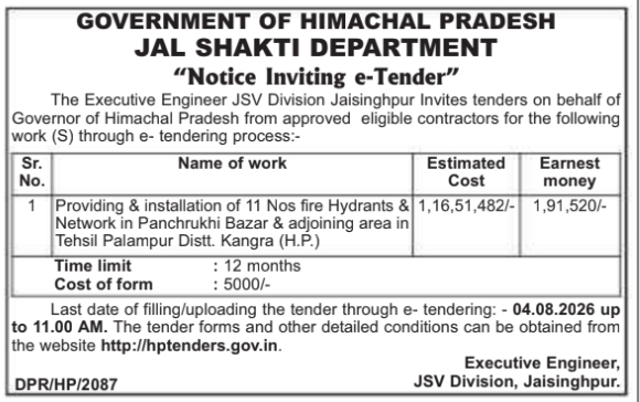 Notice Inviting e-Tender: Fire Hydrant Network Installation (HP-JSV)