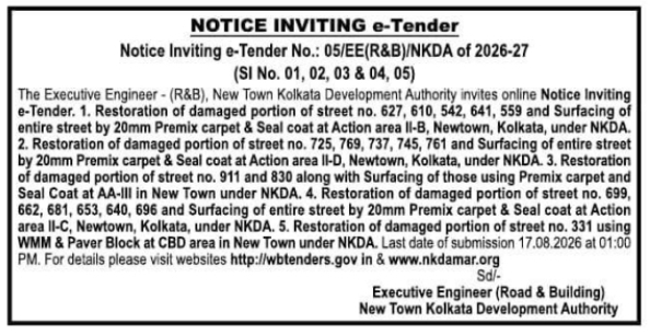 Notice Inviting E-Tender for Street Restoration Works by NKDA