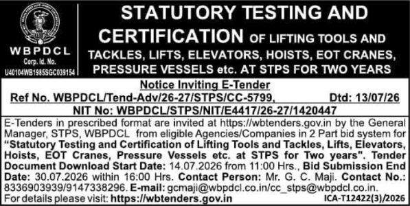 Notice Inviting E-Tender: Statutory Testing and Certification of Lifting Tools and Vessels
