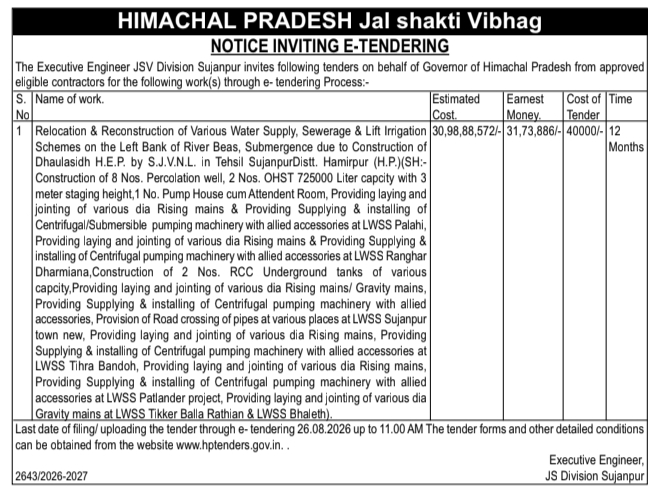 Notice Inviting E-Tendering for Water Supply Schemes by HP Jal Shakti Vibhag