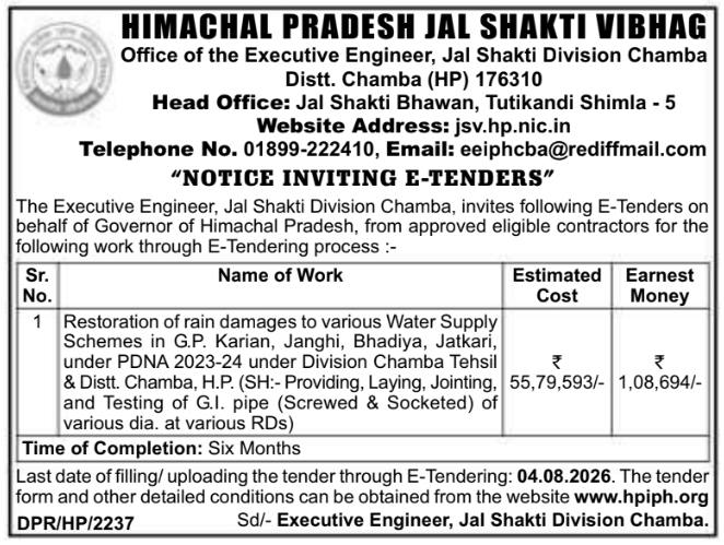 Notice Inviting e-Tenders by Himachal Pradesh Jal Shakti Vibhag Chamba