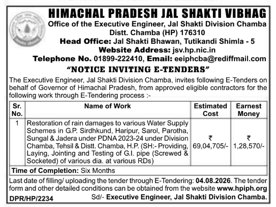 Notice Inviting e-Tenders by Himachal Pradesh Jal Shakti Vibhag Chamba