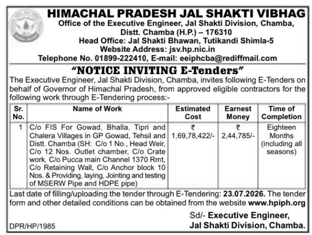 Notice Inviting E-Tenders: Flow Irrigation Scheme for Jal Shakti Division, Chamba