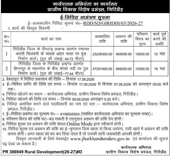 Notice Inviting E-Tenders for River Bridge Construction by Rural Development