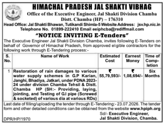Notice Inviting E-Tenders: G.P. Karian Pipeline Works for Jal Shakti Division, Chamba (NIT 1970)
