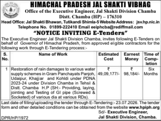 Notice Inviting E-Tenders: Pipeline Infrastructure for Jal Shakti Division, Chamba