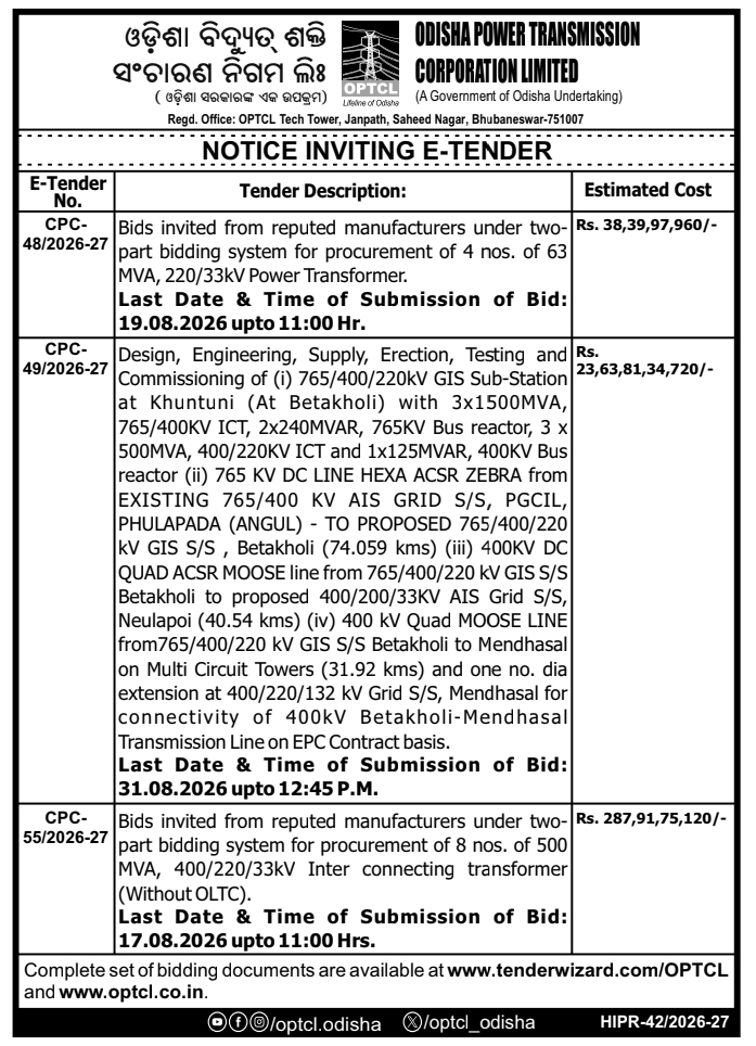 Notice Inviting E-Tenders: Power Transformers & Sub-Station EPC Works