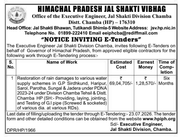 Notice Inviting E-Tenders: Rain Damage Restoration for Jal Shakti Division, Chamba