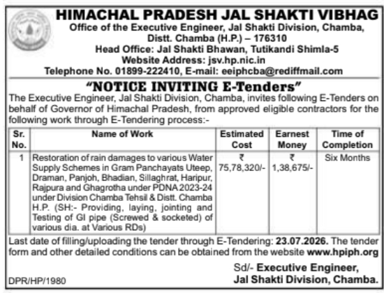 Notice Inviting E-Tenders: Regional Water Scheme Restoration for Jal Shakti Division, Chamba (NIT 1980)