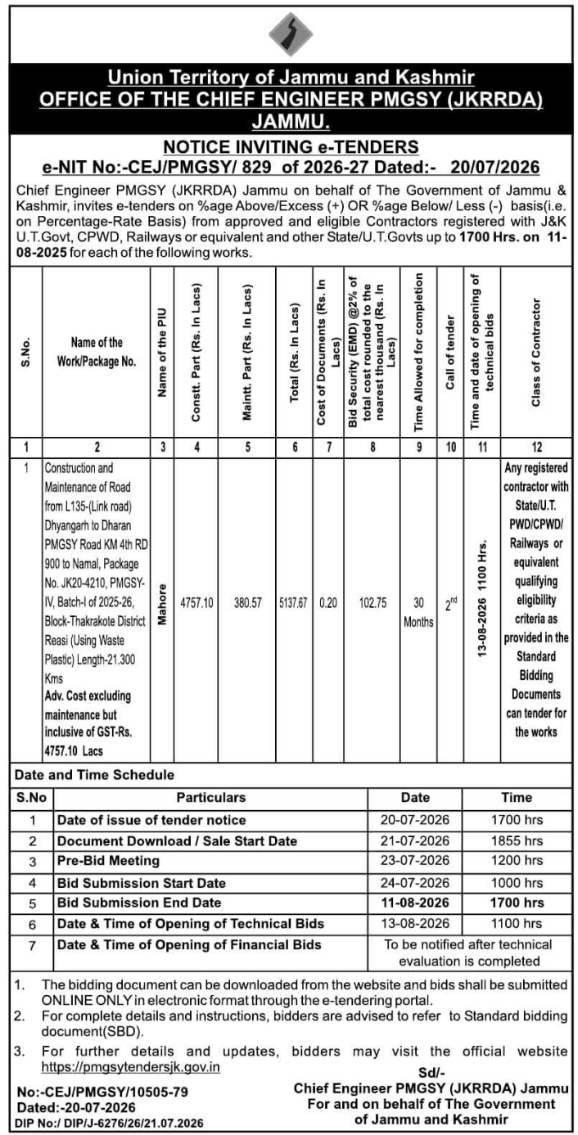 NOTICE INVITING E-TENDERS: Road Construction Work, Jammu