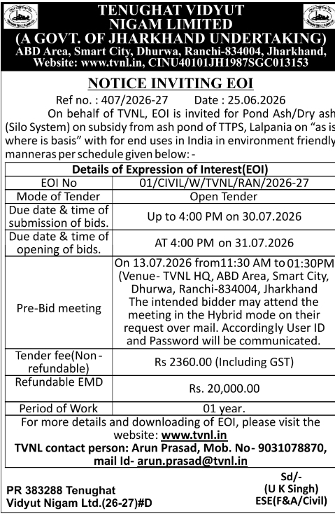 Notice Inviting EOI: Ash Procurement, Tenughat Vidyut Nigam Limited