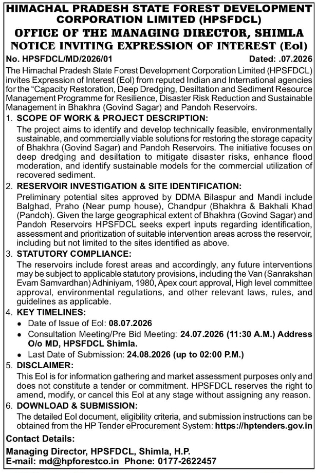 Notice Inviting EoI: Reservoir Capacity Restoration