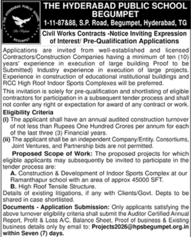 Notice Inviting Expression of Interest for Civil Works at The Hyderabad Public School, Begumpet