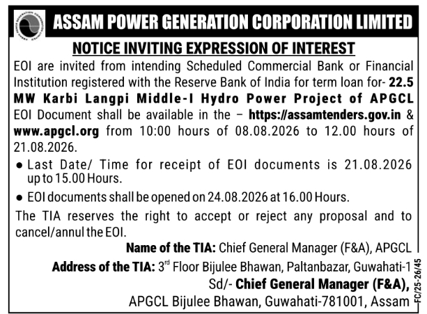 Notice Inviting Expression of Interest for Hydro Power Project Loan by APGCL