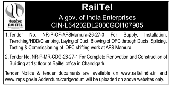 Notice Inviting Infrastructure Procurement Tenders by RailTel