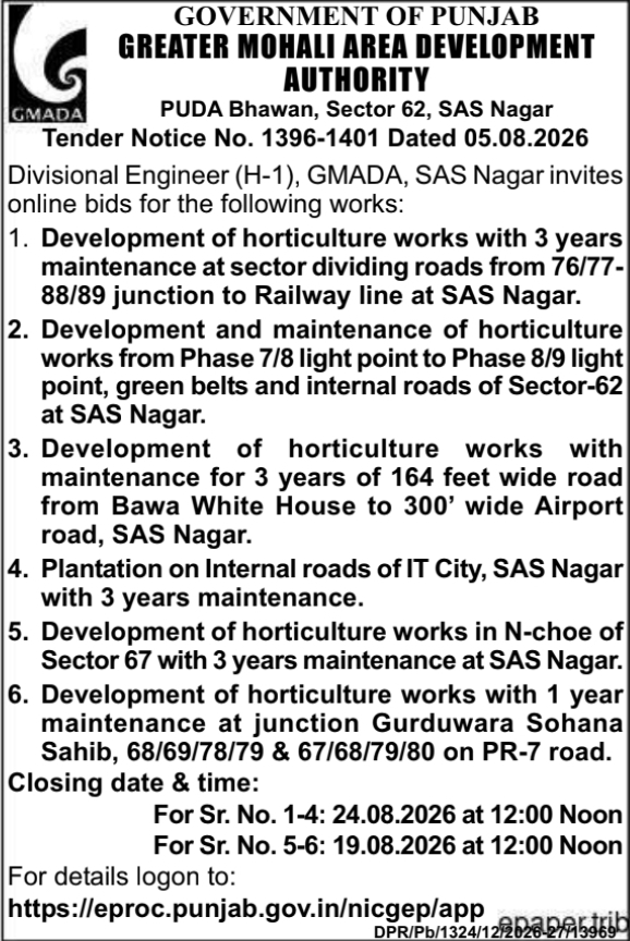 Notice Inviting Online Bids for Horticulture Development and Maintenance