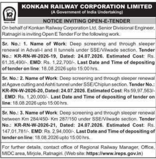 Notice Inviting Open-E-Tender: Deep Screening and Sleeper Renewal Works