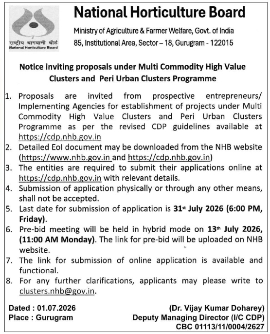 Notice Inviting Proposals: High Value and Peri Urban Clusters Programme at NHB