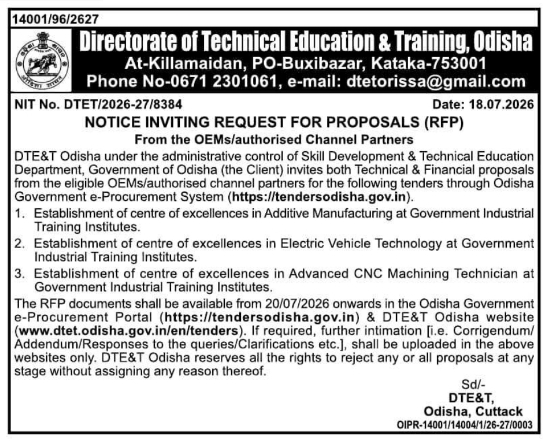 Notice Inviting Request for Proposals: ITI Centres of Excellence Establishment