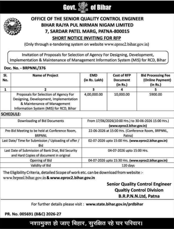 Notice Inviting RFP: MIS Development Agency Selection by BRPNNL, Bihar