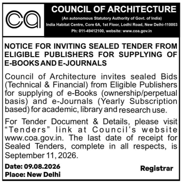 Notice Inviting Sealed Tender for E-Books and E-Journals Supply by Council of Architecture