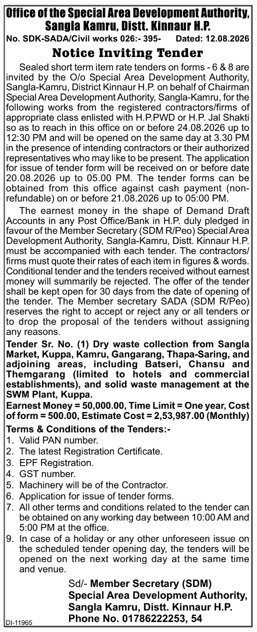 Notice Inviting Short Term Tender for SWM Services by SADA Sangla Kamru