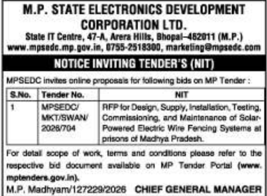 Notice Inviting Tender by M.P. State Electronics Development Corporation Ltd.