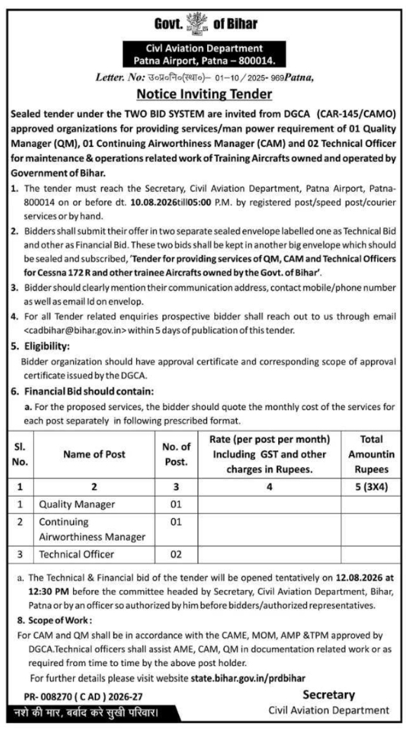 Notice Inviting Tender: Civil Aviation Department, Govt. of Bihar