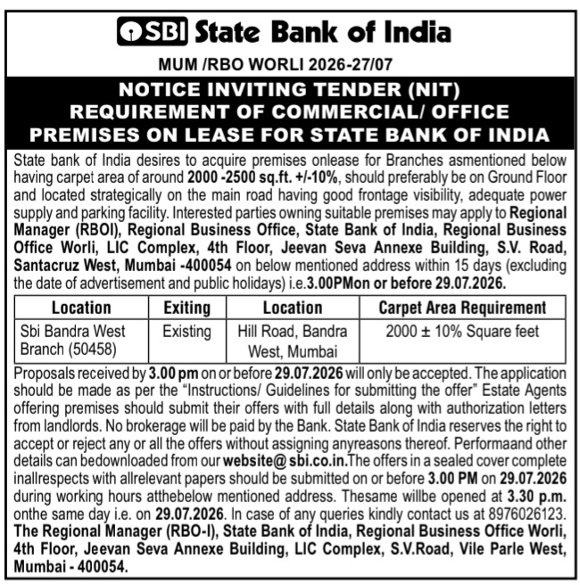 Notice Inviting Tender: Commercial Premises on Lease for SBI Branch