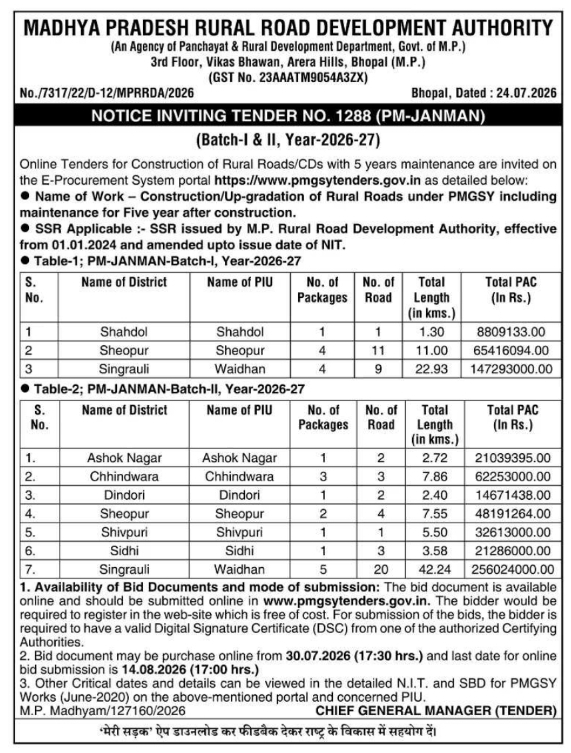 Notice Inviting Tender: Construction of Rural Roads under PM-JANMAN