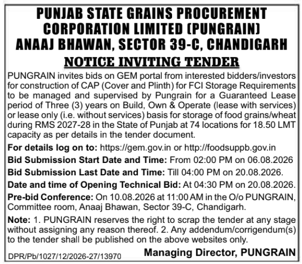 Notice Inviting Tender for CAP Storage Construction