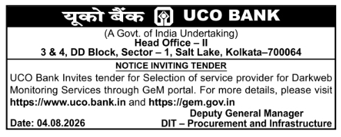 Notice Inviting Tender for Darkweb Monitoring Services by UCO Bank