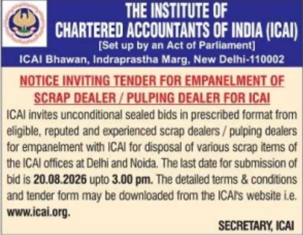 Notice Inviting Tender for Empanelment of Scrap/Pulping Dealer by ICAI