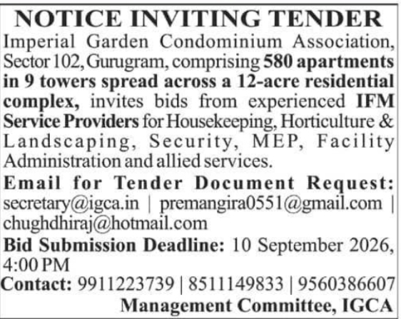 Notice Inviting Tender for Integrated Facility Management Services by IGCA