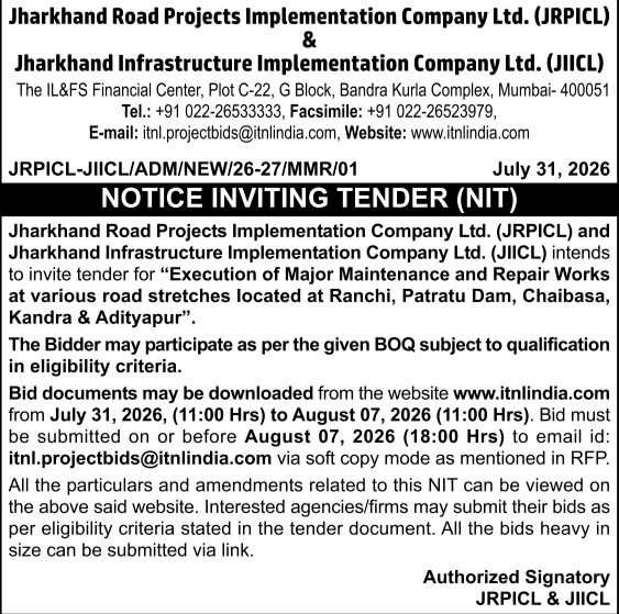 Notice Inviting Tender for Major Road Maintenance