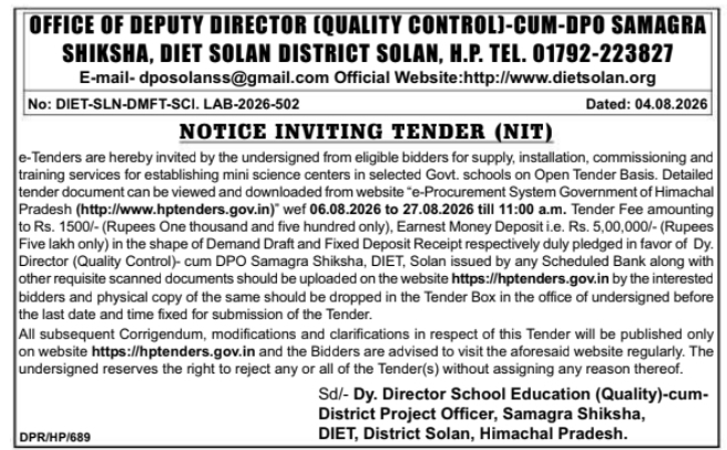 Notice Inviting Tender for Mini Science Centers Setup