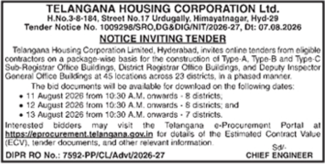 Notice Inviting Tender for Office Building Construction by Telangana Housing Corporation Ltd